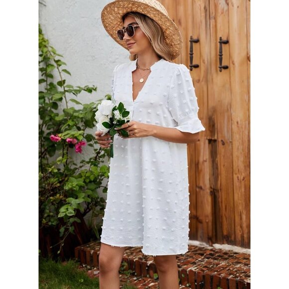 Summer Dot White Dresses for Women V Neck Ruffle Short Sleeve Casual Shift Dress - Picture 2 of 6